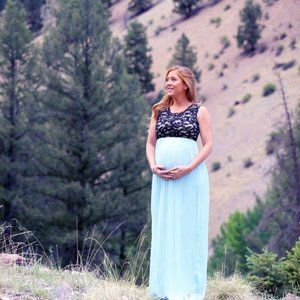 Aqua Pleated Chiffon Lace Maternity Maxi Dress NWT